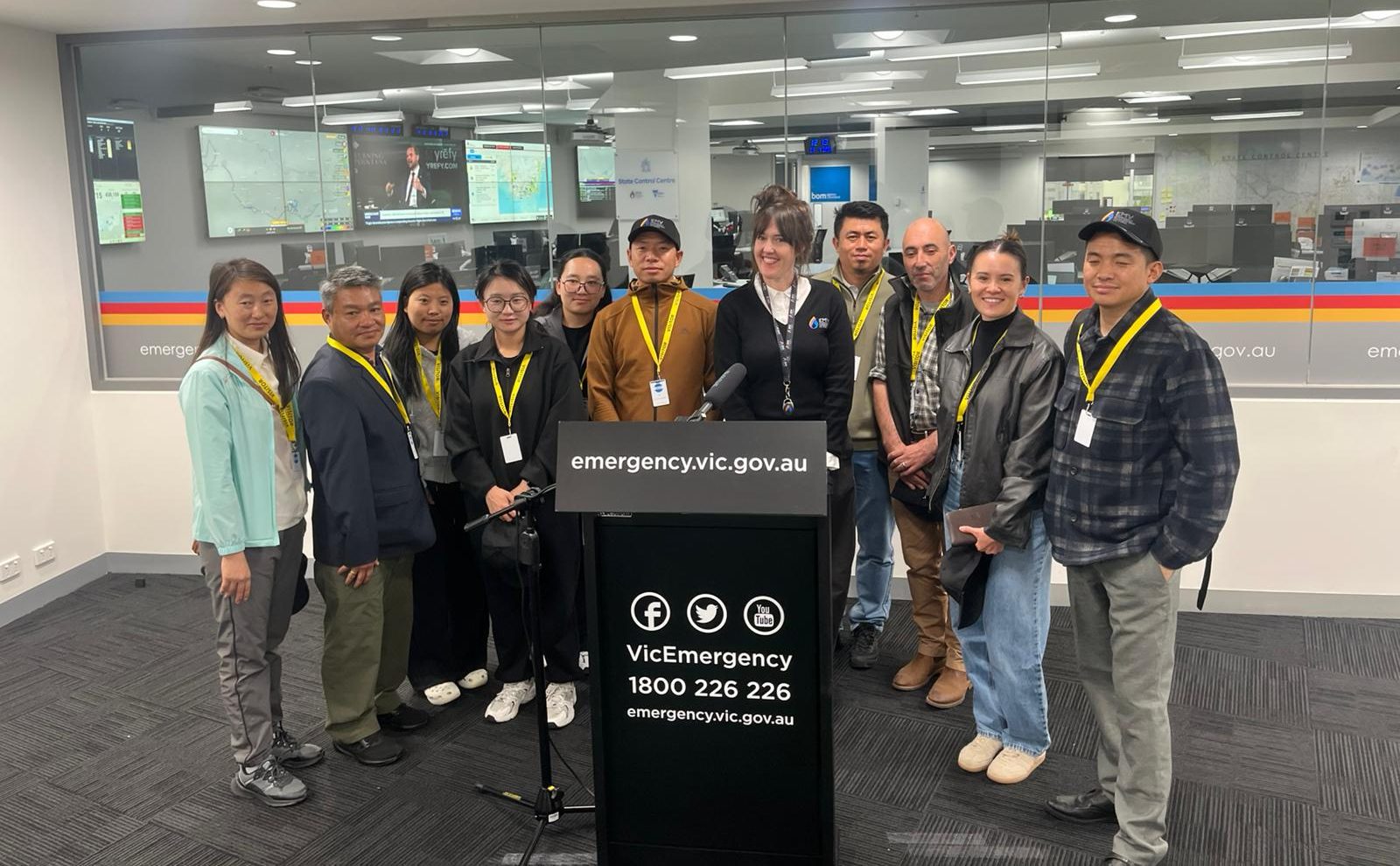 Yang (2nd from left) pictured with other participants and staff at the Victoria State Operations Centre during his time in Australia.